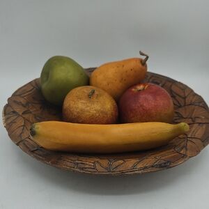 Asian Carved Wooden Fruit Bowl with Decorative Edge - Faux Fruit